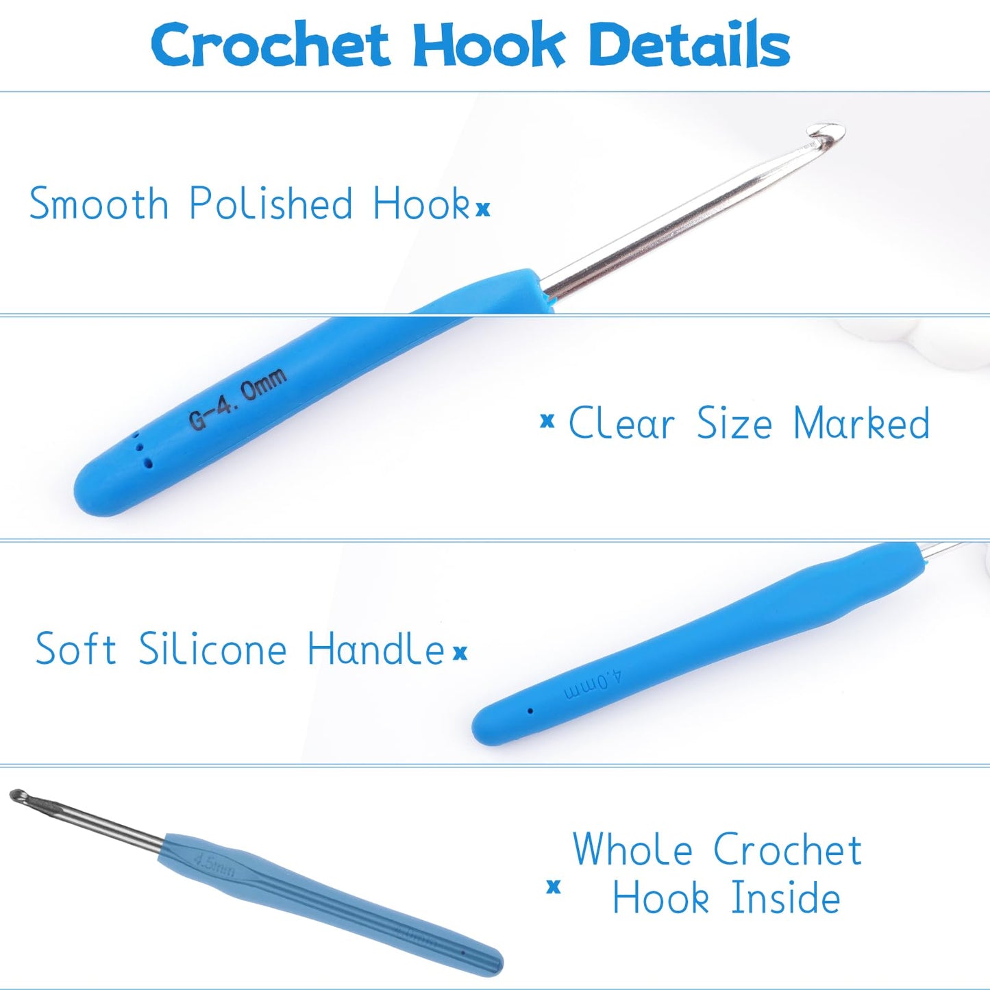 BsHooker 22 Sizes Crochet Hooks Set with Storage Case,0.5mm-10mm Crochet Hooks with Ergonomic Soft Handle for Arthritic Hands,Crochet Kit for Beginners,Blue
