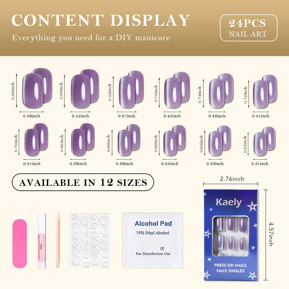 Lavender Purple Cat Eye Press on Nails Medium Square, Medium Square Press Stick on Nails Chrome for Women, Purple Holographic Glitter Glossy Reusable Gel Acrylic Fake Nail with Design Cateye Effect