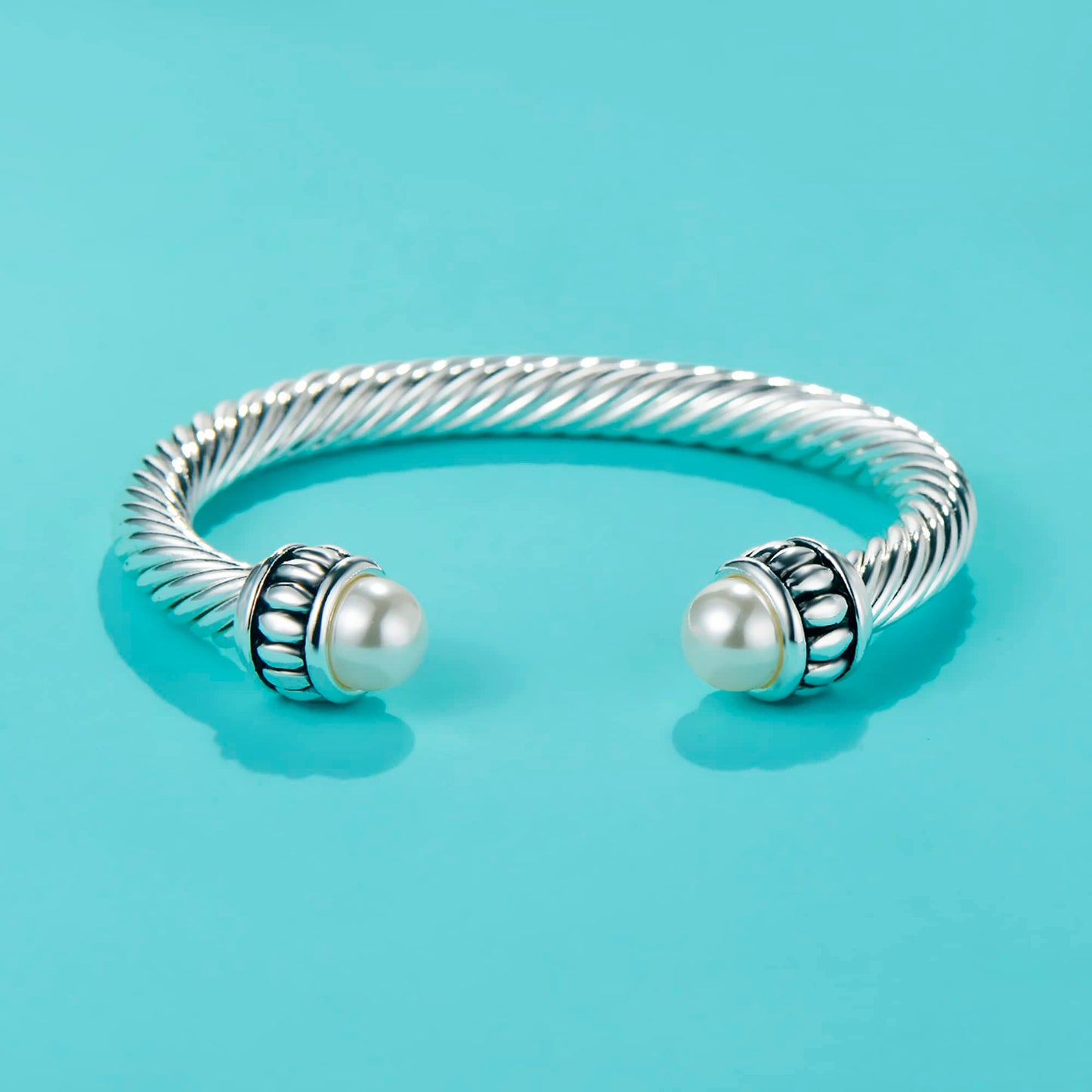 UNY JEWEL Jewelry Make a Statement Two Tone Twisted Cable Wire Caviar Imitation Pearl Cuff Bangle Makes a Stylish Christmas Gift (Silver Cream)