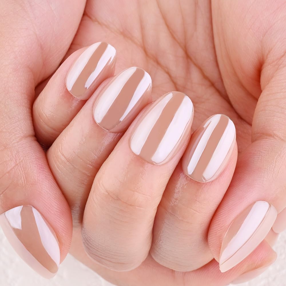 evpct Pale Nude Glazed Press on Nails Short Oval, Short Oval Chrome Metallic Aurora Stick on Nail for Women, Reusable Full Cover Soft Press on Fake Nail Perfectly Fit with Glazed Design Salon Quality