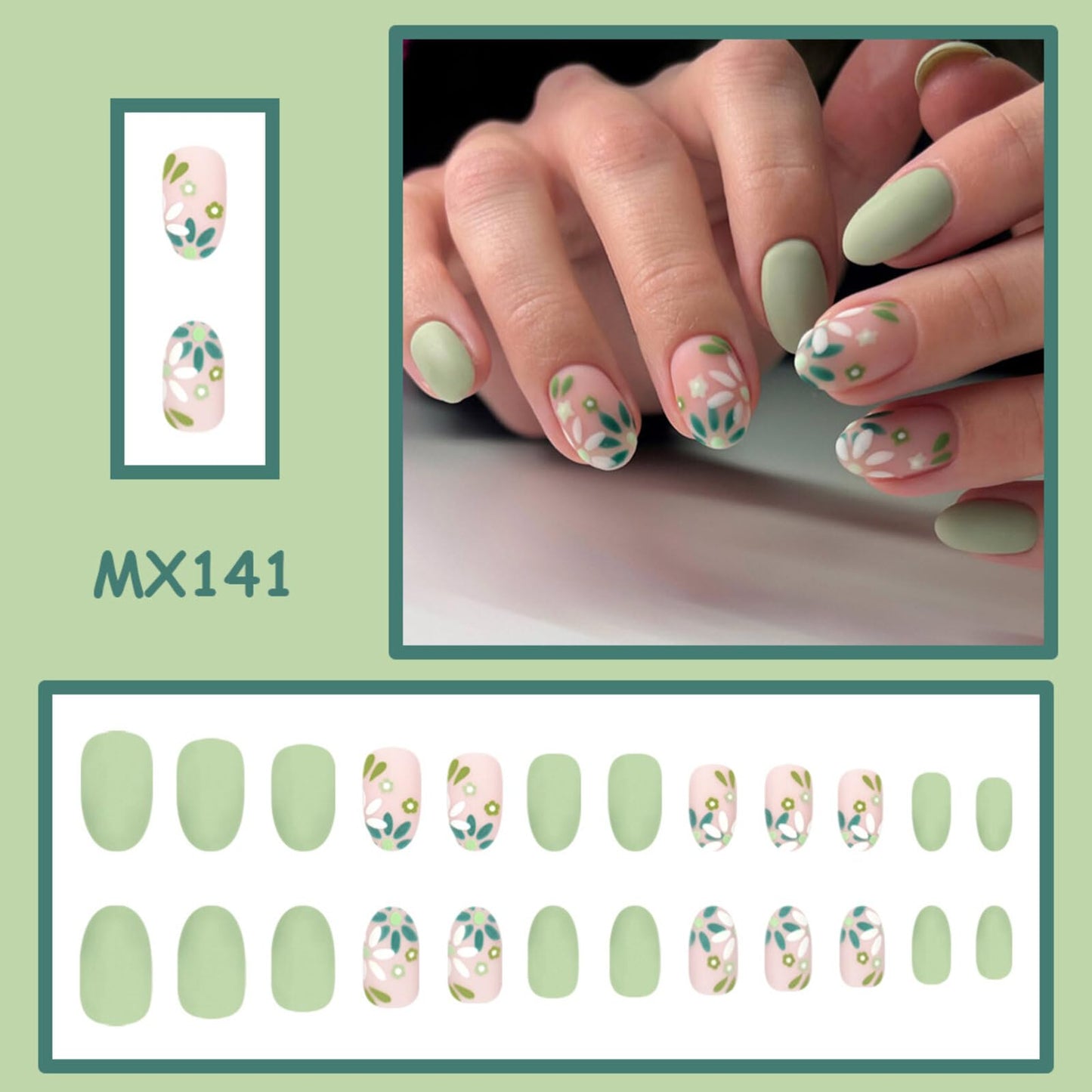 Pastel Floral Press on Nails Moderate Square Design Soft Nude & Mint Green Base with Dainty Floral Leaf Patterns Matte Finish Reusable Stick on Nails Suitable for Casual Looks Artificial Nails 24 Pcs