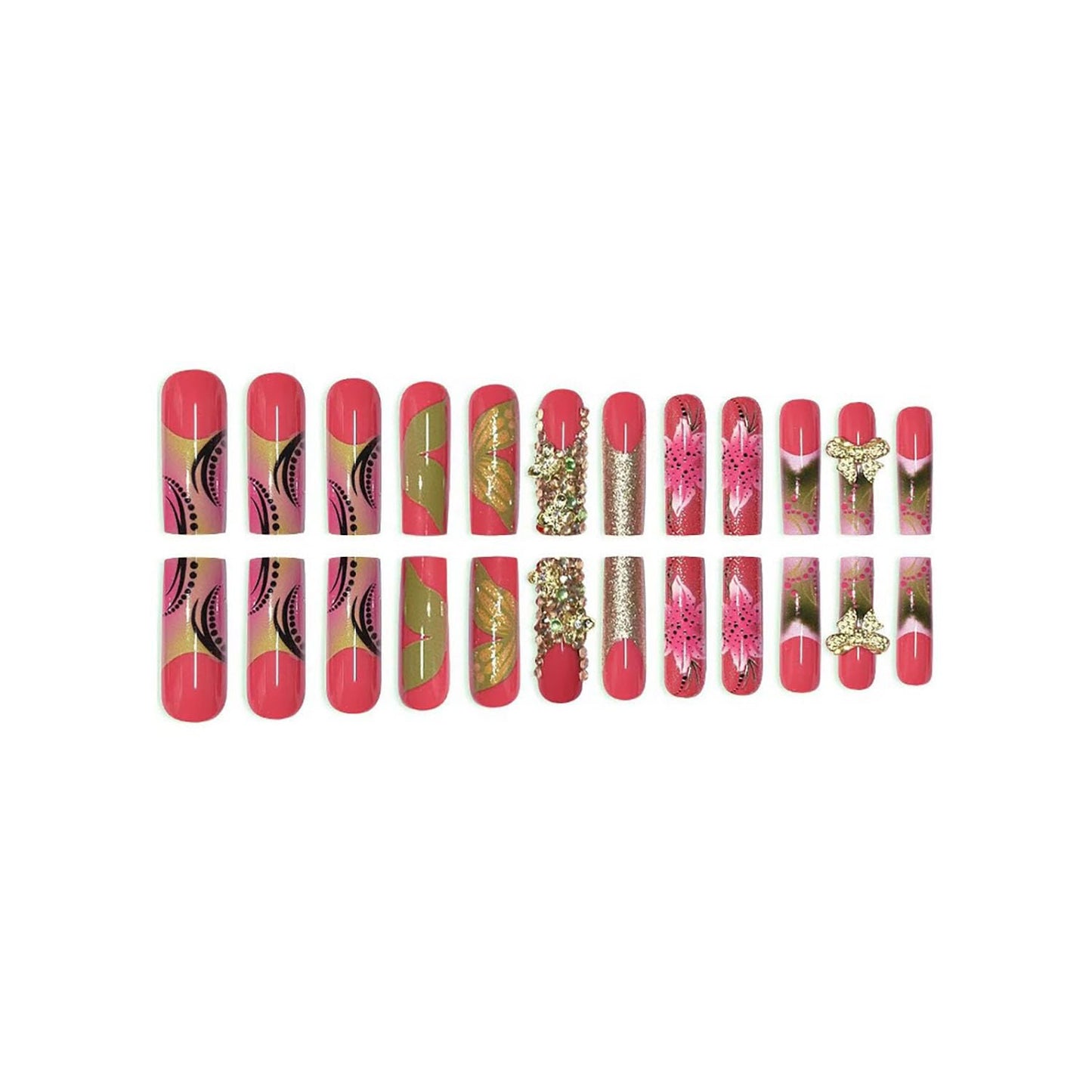 FIEONCIY Press on Nails Coffin Long Length Acrylic Glossy Full Cover Square Shaped French False Nails with Designs Artificial Extra Long Fake Nails with Charms Glue ons Fingernails for Women(AA125)