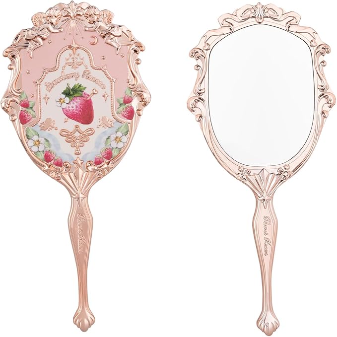 Flower Knows Strawberry Rococo Hand Mirror,Vintage Portable Handheld Mirror,Fancy & Pretty Princess Mirror with Long Handle,Gift for Girls(Soft Pink)