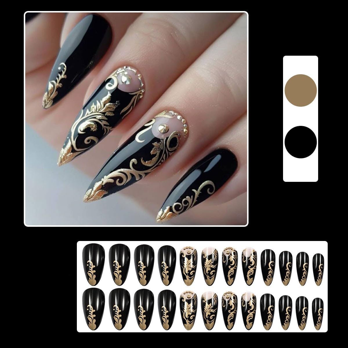Luxurious Black and Gold Baroque 24Pcs Long Stiletto Shape, 3D Golden Filigree & Rhinestone Accents – Elegant Gothic Victorian Style False Nails, Reusable
