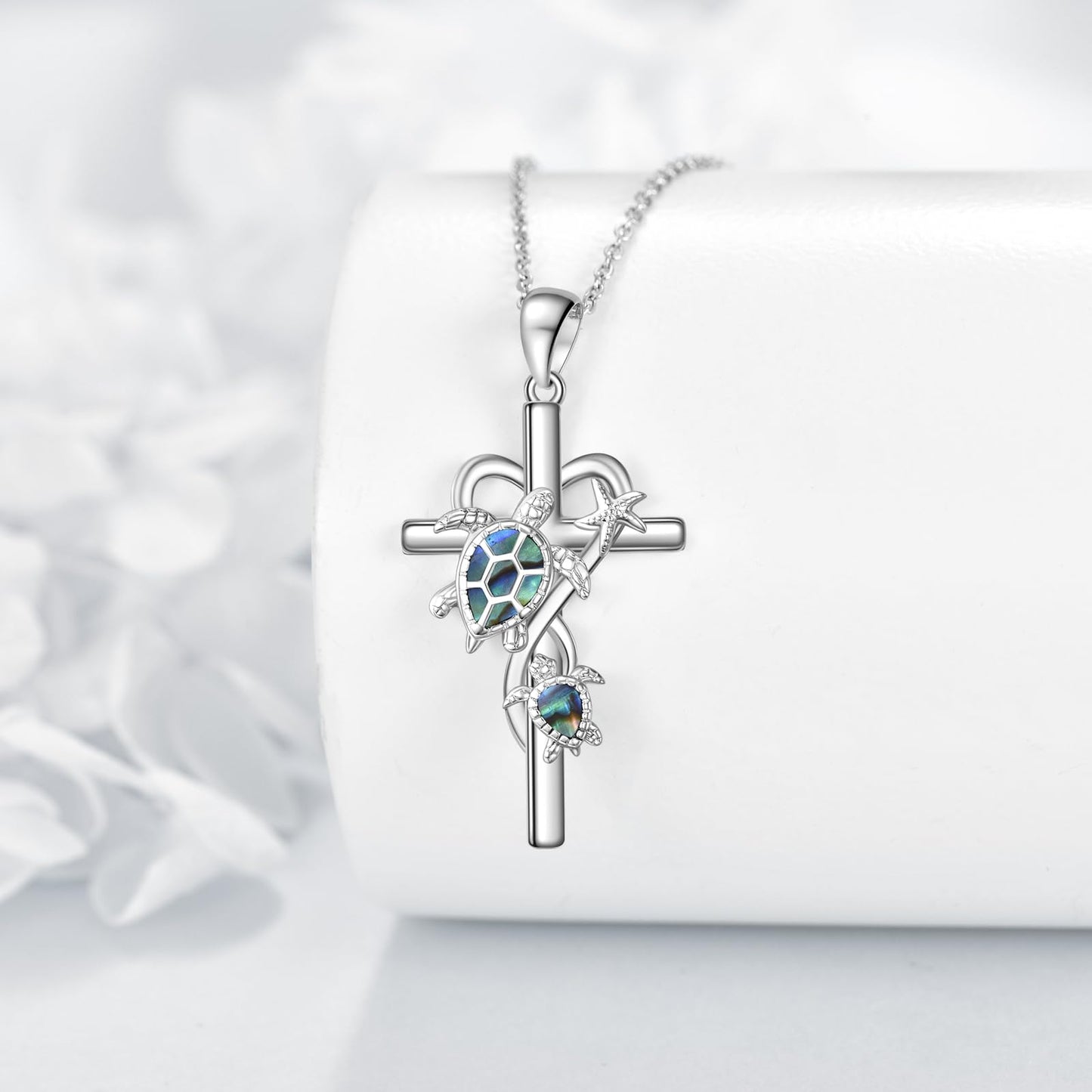 POPLYKE Cross Turtle Necklace for Women 925 Sterling Silver Cross Necklace Abalone Shell Turtle Jewelry for Women