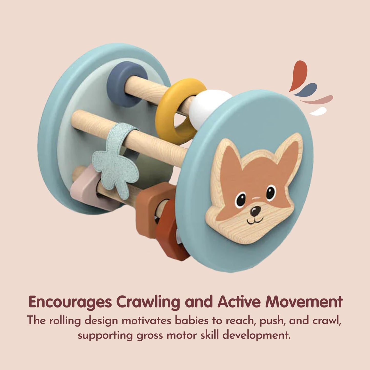 SPEEDY MONKEY Fox Roller Rattle Baby Toy | Wooden Animal Sensory Rolling Toy for Infants | Developmental Rattle for Crawling & Motor Skills | Early Learning Play for Babies & Newborns 6M+