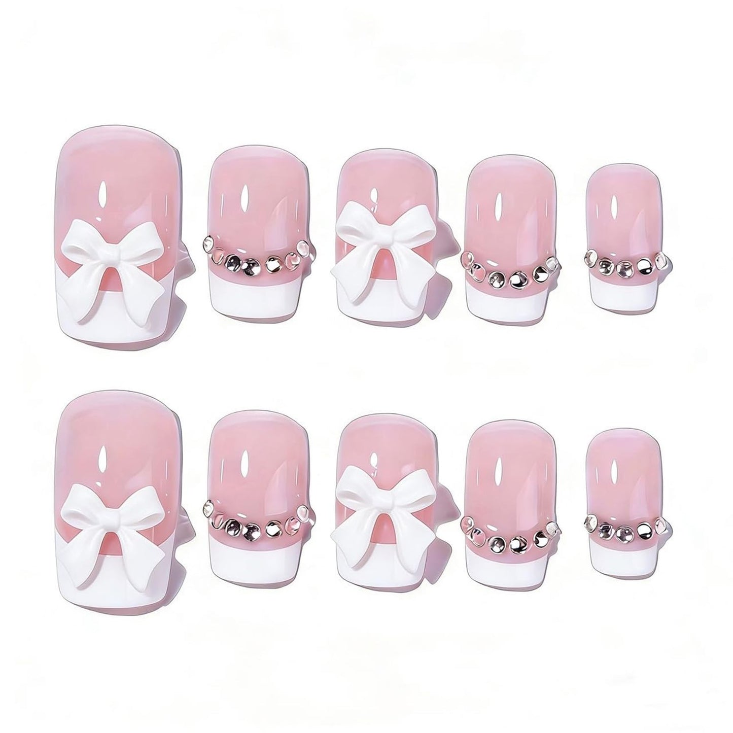 24Pcs French Tip Press on Nails White Tip Square Fake Nails with 3D Bow Full Cover Rhinestone Stick on Nails Medium Nails Press ons Cute White Reusable Acrylic False Nails for Women Girls