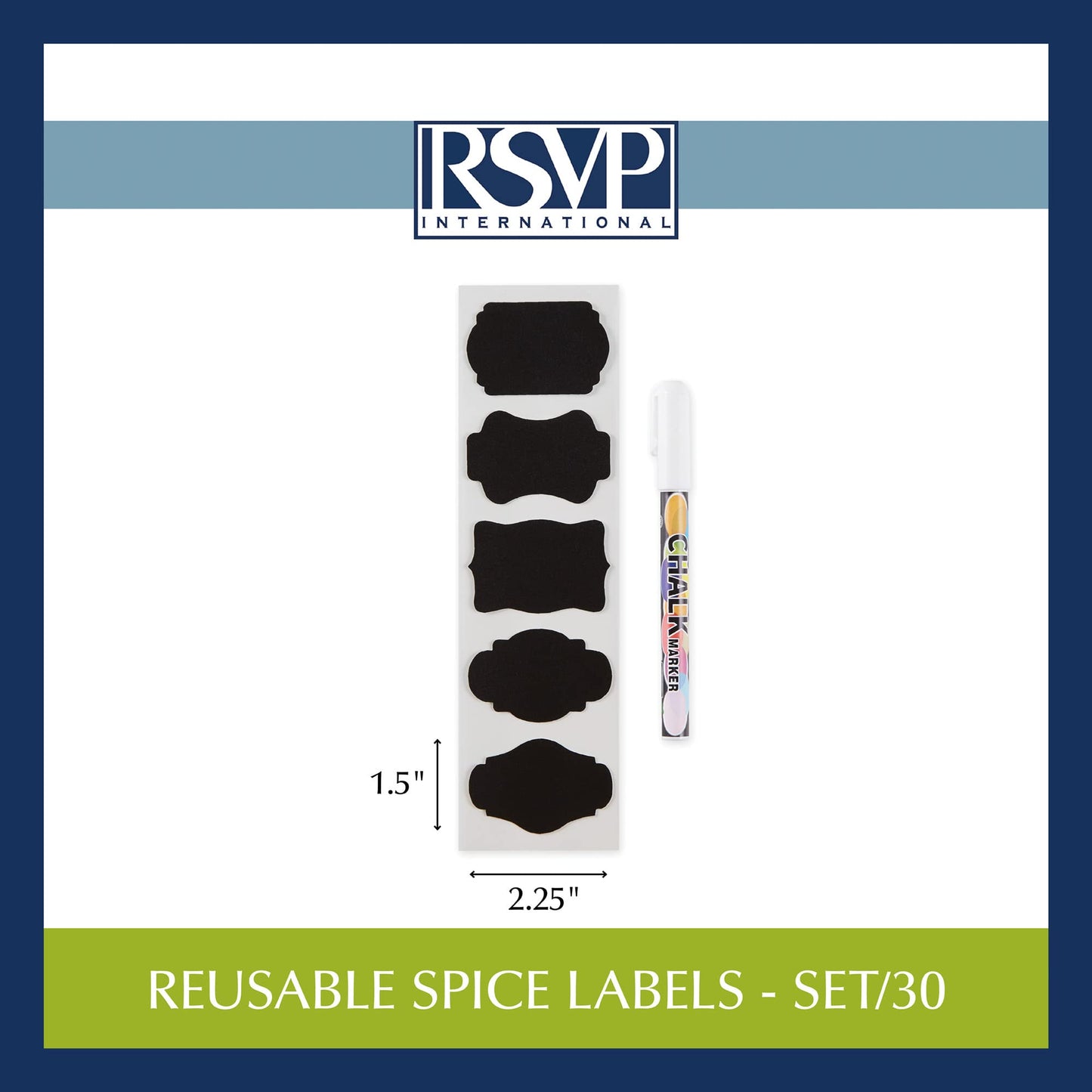 RSVP International Reusable Pantry/Spice Labels, Assorted Shapes, 30-Piece, Black