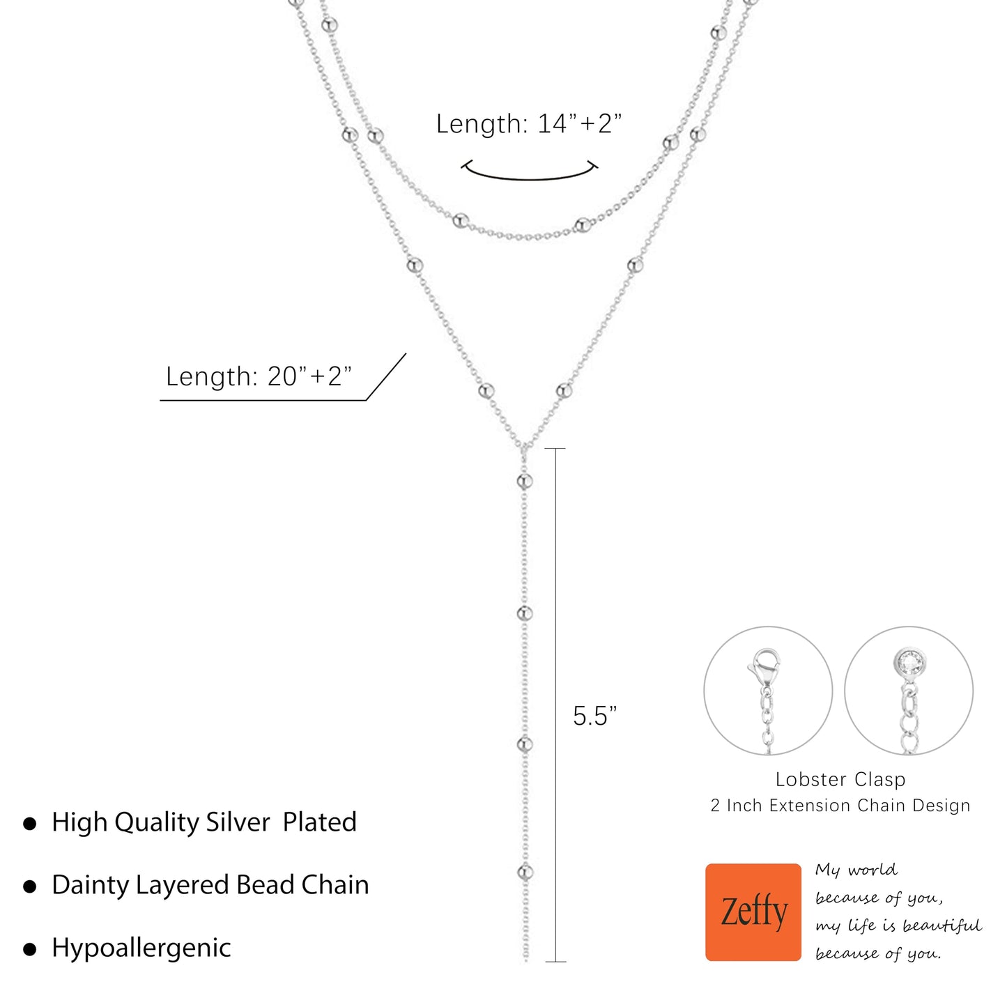 Zeffy Dainty Long Silver Necklaces for Women Trendy Lariat Y Necklace Layered Beaded Drop Necklaces Simple Y-Shaped Chain Jewelry Gift Wedding