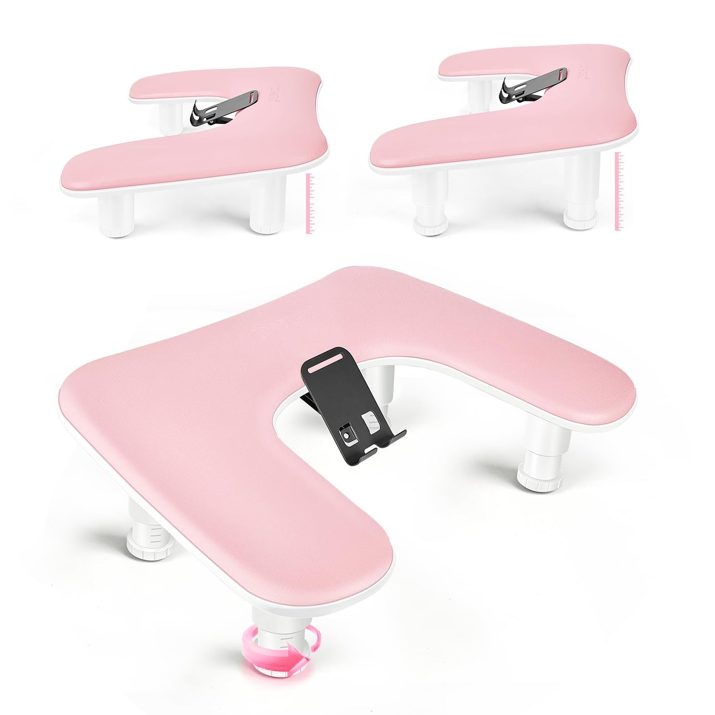 JODSONE Pink U-Shaped Manicure Arm Rest for Nails Tech with Rotating 360°Built-In Phone Holder and Adjustable Nail Arm Rest Detachable Manicure Hand Rest for Salon Design