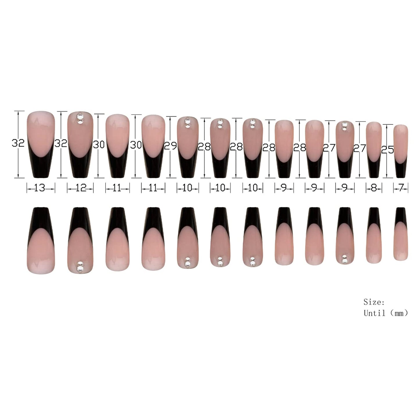 MISUD Press on Nails - Long Coffin Fake Nails with Black French Tip, Acrylic Rhinestone Design 24 pcs