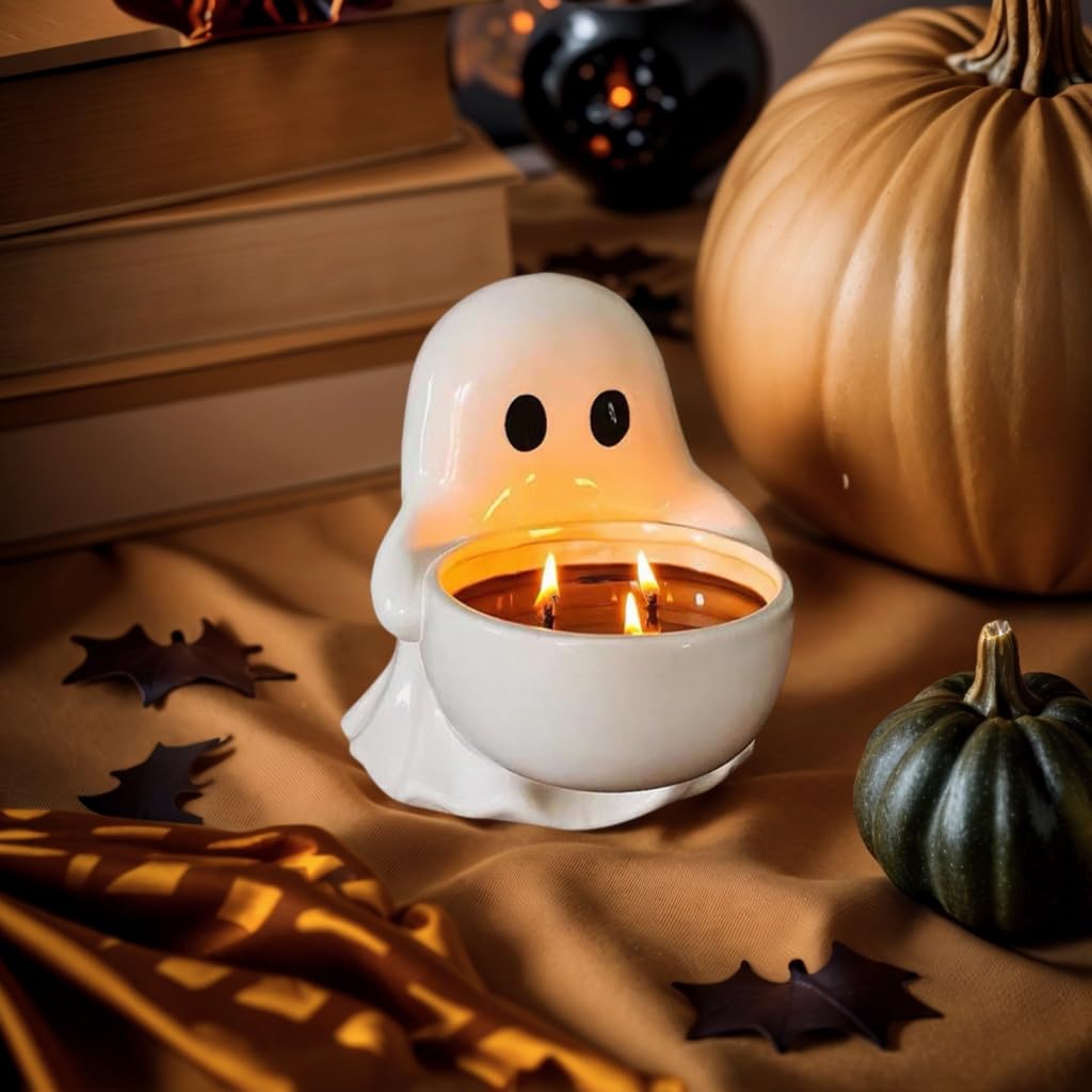 FACIOWN Halloween Ghost Candlestick, Ceramic Tea Light Holder for Scented Candles, Doubles As Candy Dish, Cute Halloween Party Decor.