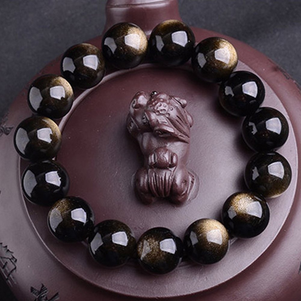 JAJAFOOK Tibetan 28 Mala Bead Gold Obsidian Buddhist Buddha Prayer Beads Bracelet,Stretch String,Unisex