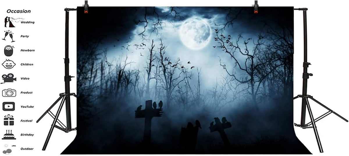AOFOTO 10x7ft Moon Night Halloween Cemetery Photography Backdrop Flying Bats Birds Stand on Gravestone Cross Graveyard in Dark Forest Photo Background Cloth Vinyl Wallpaper Photo Studio Props Vinyl