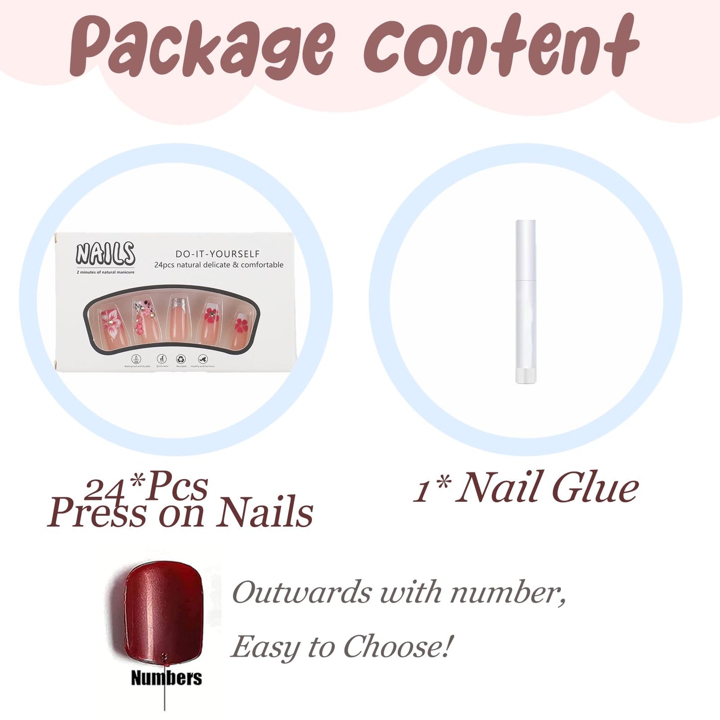 BABALAL Pink 3D Flower Press On Nails, Medium Long Square Fake Nails with Rhinestone & Cow Print, Glossy Acrylic Full Cover Stick On Nails for Women 24Pcs