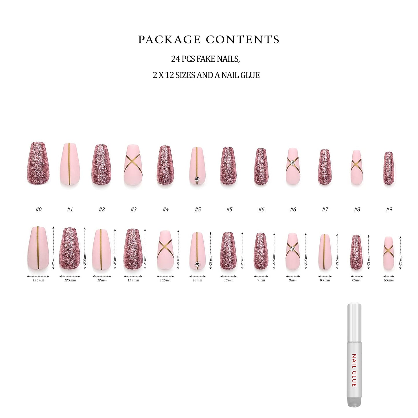 Hypnaughty 24 Pcs Pink Fantasy Matte and Glitter Design with Rhinestones Luxury Coffin Press on Nails with Glue Medium Long Reusable False Nails (Pink Fantasy)