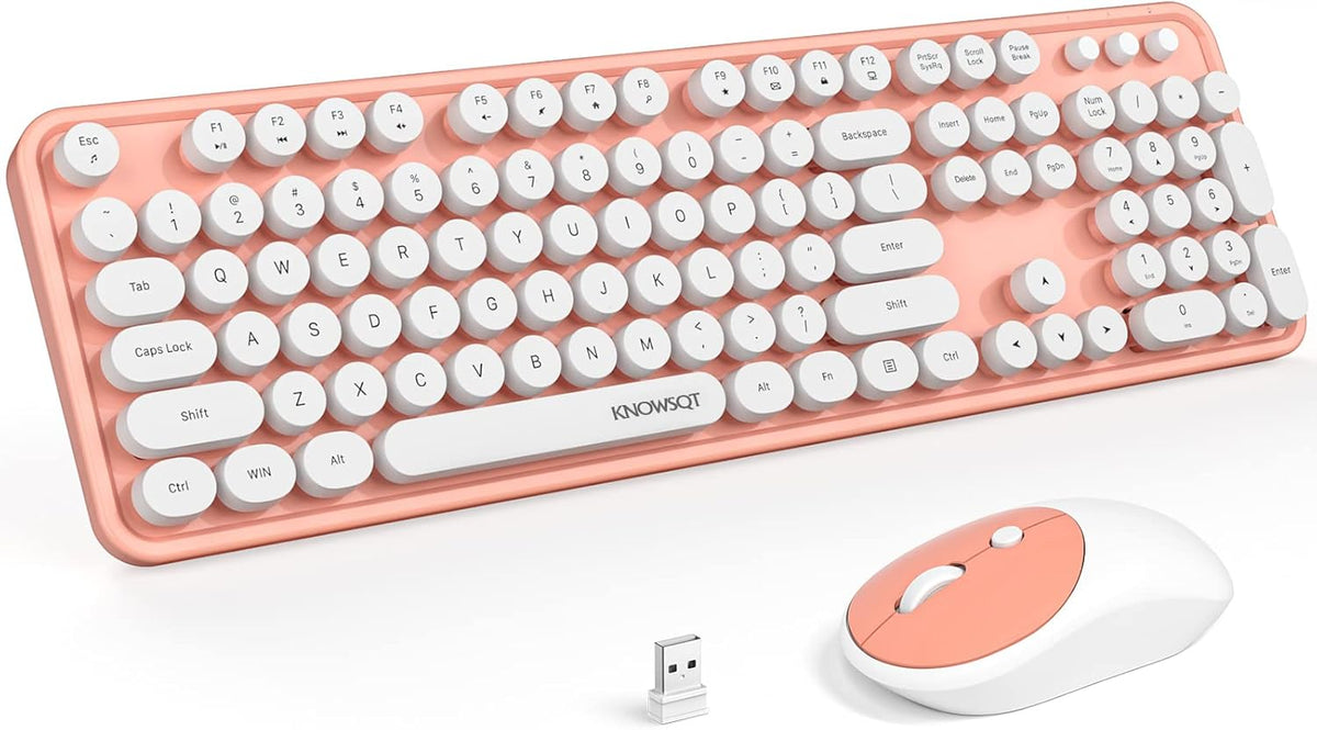 KNOWSQT Wireless Keyboard and Mouse Combo - White-Orange Full-Sized 2.4 GHz 104 Keys Typewriter Cute Keyboard, Round Keycap and Optical Mouse for Windows, Computer, PC, Laptop, Desktop