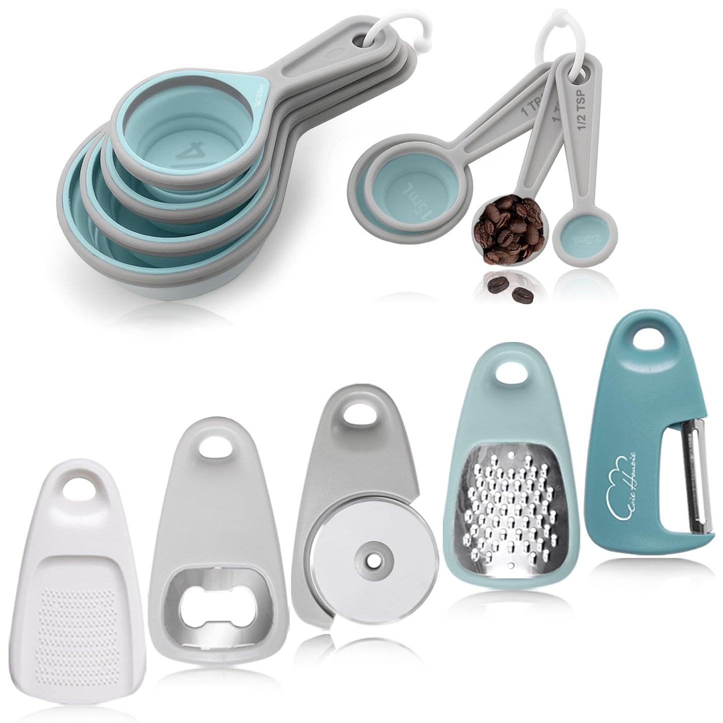 Kitchen Gadgets Set 13 Piece, Space Saving Cooking Tools Includes Cheese Grater, Pizza Cutter, Peeler, Bottle Opener, Garlic Grinder, Collapsible Measuring Cups Spoons for Small Kitchen RV Camp