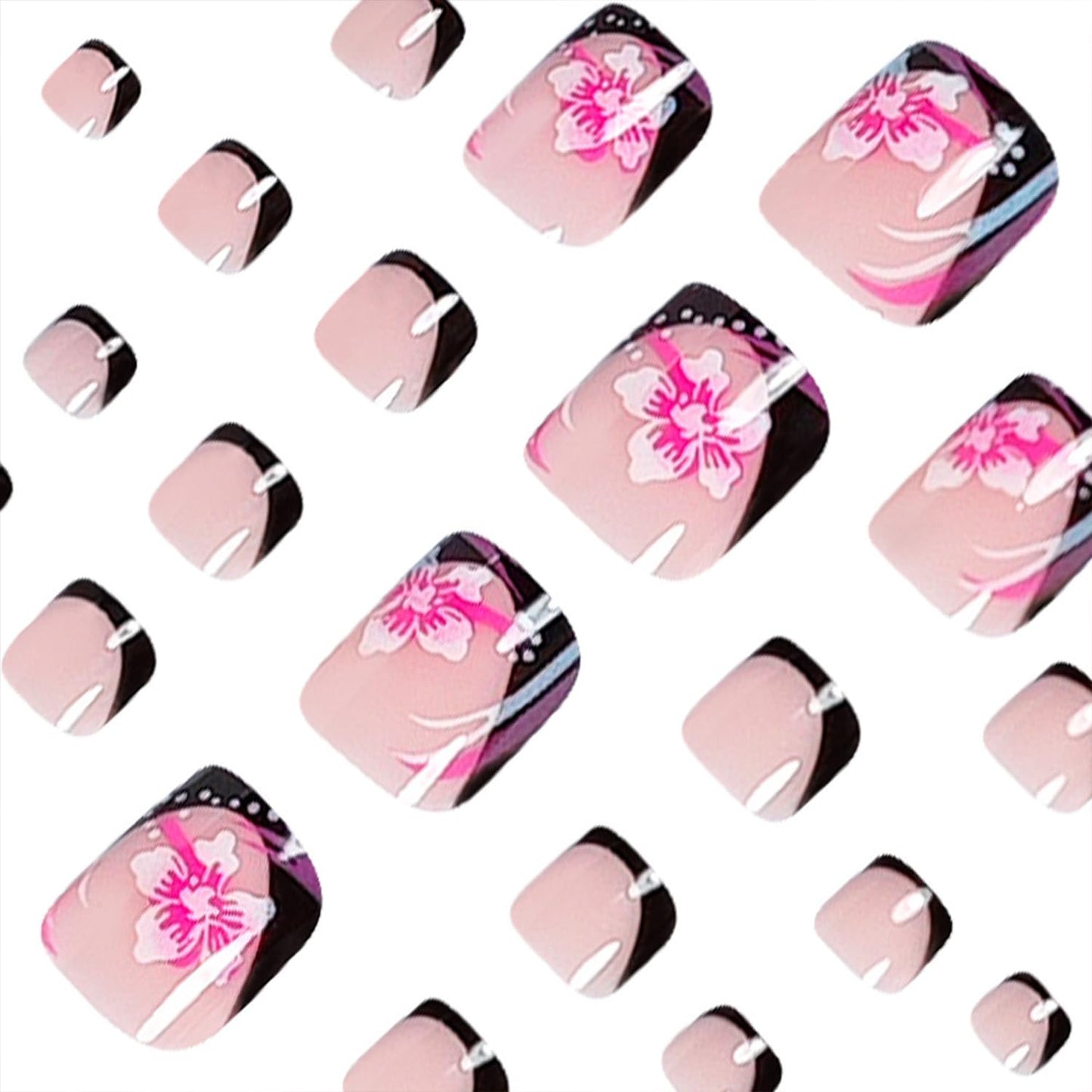 Flower Press on Toenails Summer False Toenails Black French Tip Toe Nails Reusable Full Cover Toe Nails for Women