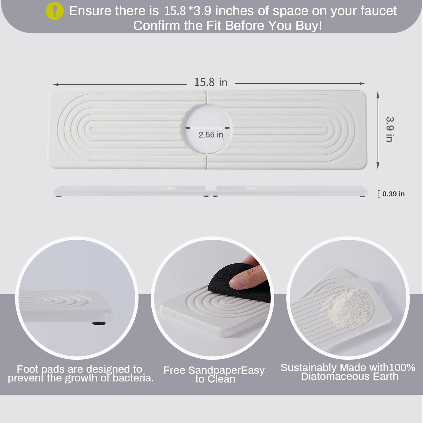 Stone Faucet Mat for Kitchen Sink, Faucet Mat Fast Drying Diatomite, Sink Splash Guard Water Absorbing Stone Tray for Sink, Counter Protector for Kitchen & Bathroom