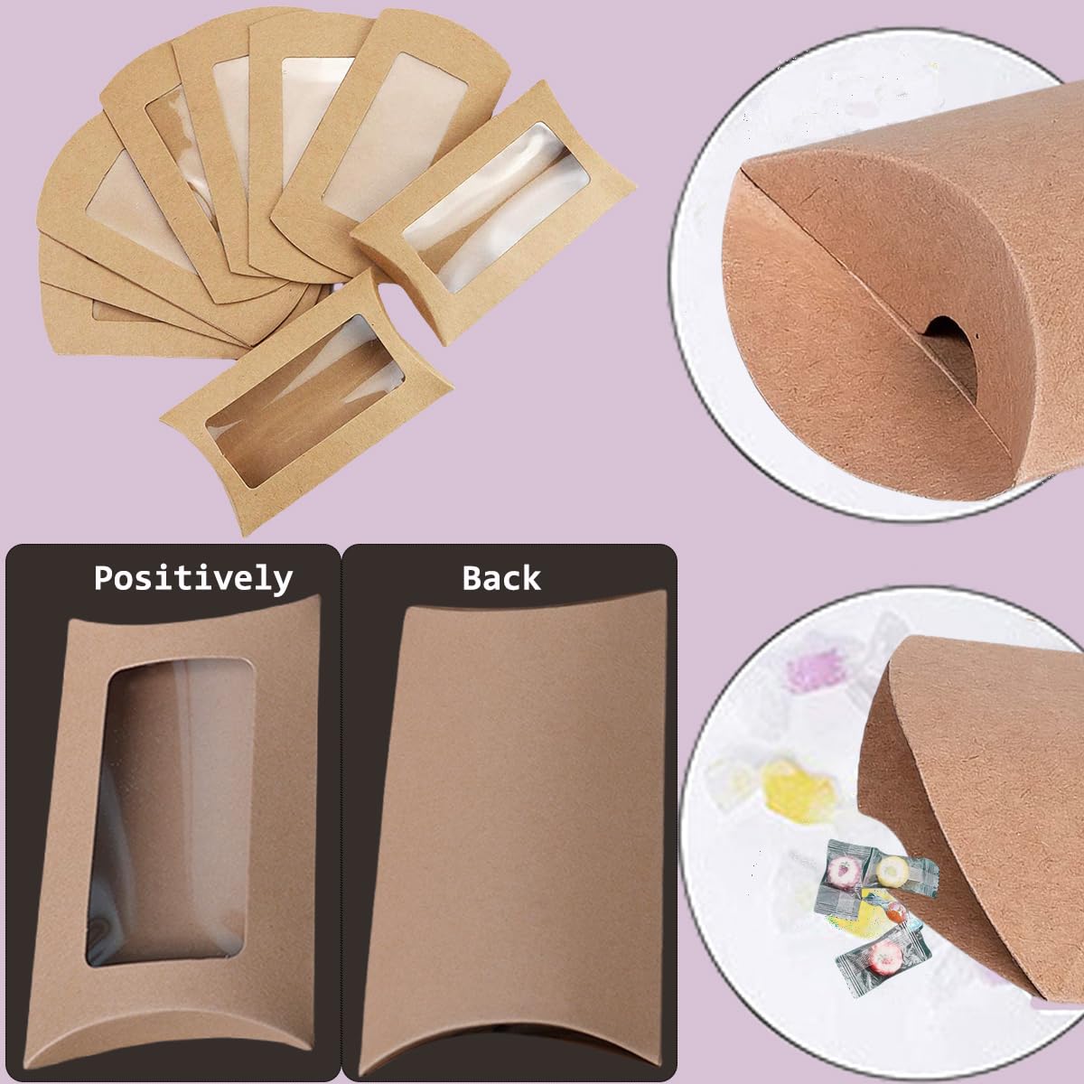 80 Pcs Pillow Gift Boxes with Windows,Kraft Paper Mini Pillow Packaging Box, Creative Favor Box Folding Treat Boxes with Clear Window for Bakery Candy Chocolate Jewelry Display Wedding Party Favor