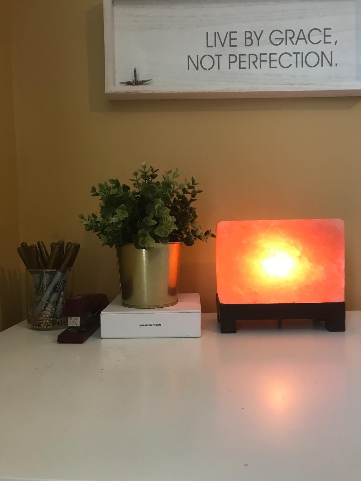 Himalayan Pink Salt Lamp 6.5 x 7.5 x 4 Inches – Natural Rectangular Crystal Rock Salt Lamp with Wooden Base, Dimmer Switch & 2 Bulbs – Soothing Amber Night Light for Home & Office