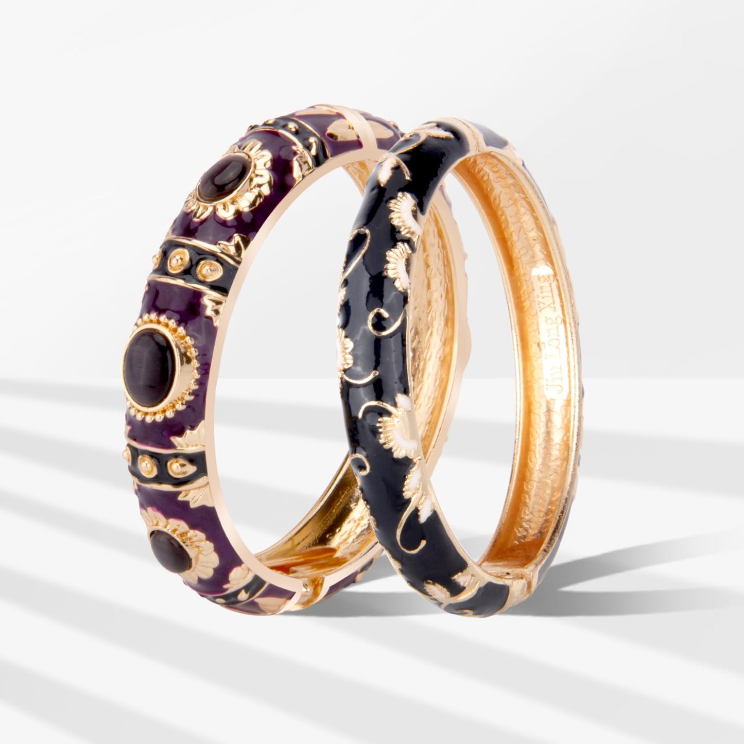 UJOY Vintage Cloisonne Jewelry Bracelet Plated Handmade Bead Rhinestones Enamel Spring Cuff Bangles 2 Pcs Set for Womens Gift 7735-55A108 pueple Black