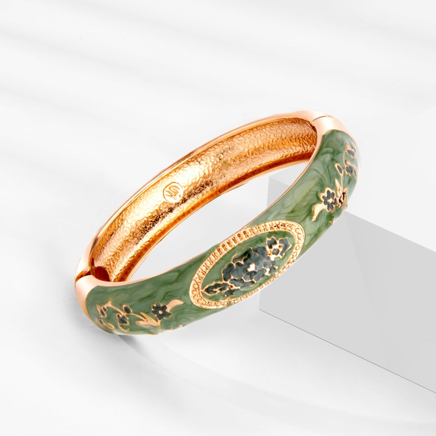 UJOY Bangles 5 Pcs Enamel Jewelry Set Rose Flower Engraved Cloisonne Bracelets Pack in a Box 5PCS Green