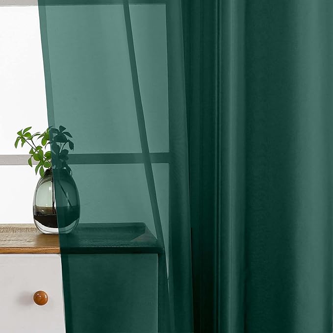 Green Small Sheer Curtains 2 Panels Set, Kitchen Curtains 36 Inch Length, Elegant Light Filtering Short Window Drapes for Living Room Bedroom, Dual Rod Pocket, Hunter Green, 2x42Wx36L Inches