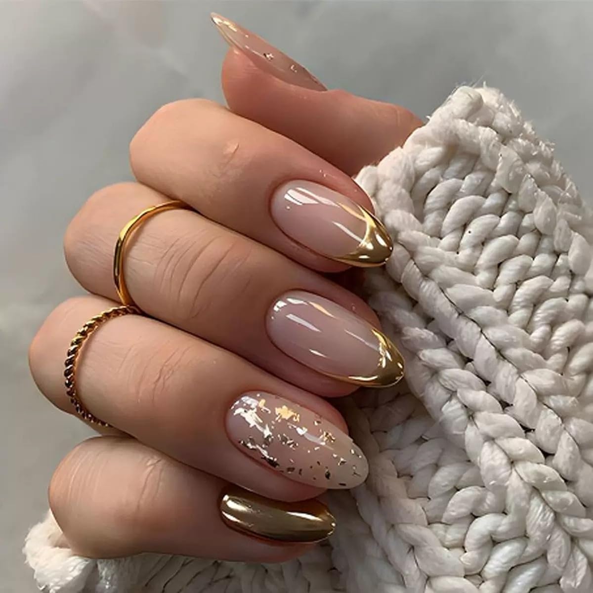 CTTHNBD Press on Nails Almond - Gold French Tip Fake Nails with Glitter Design - Medium Stick on False Nails - for Women - 24 Pcs
