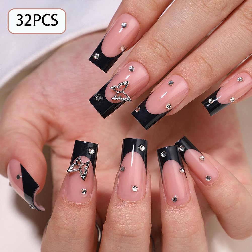 WAFOLOZE Black French Tip Press On Nails - Long Square Fake Nails With Glue, 16 Sizes - 32Pcs False Tips Kit, Stick On Artificial Nails for Women