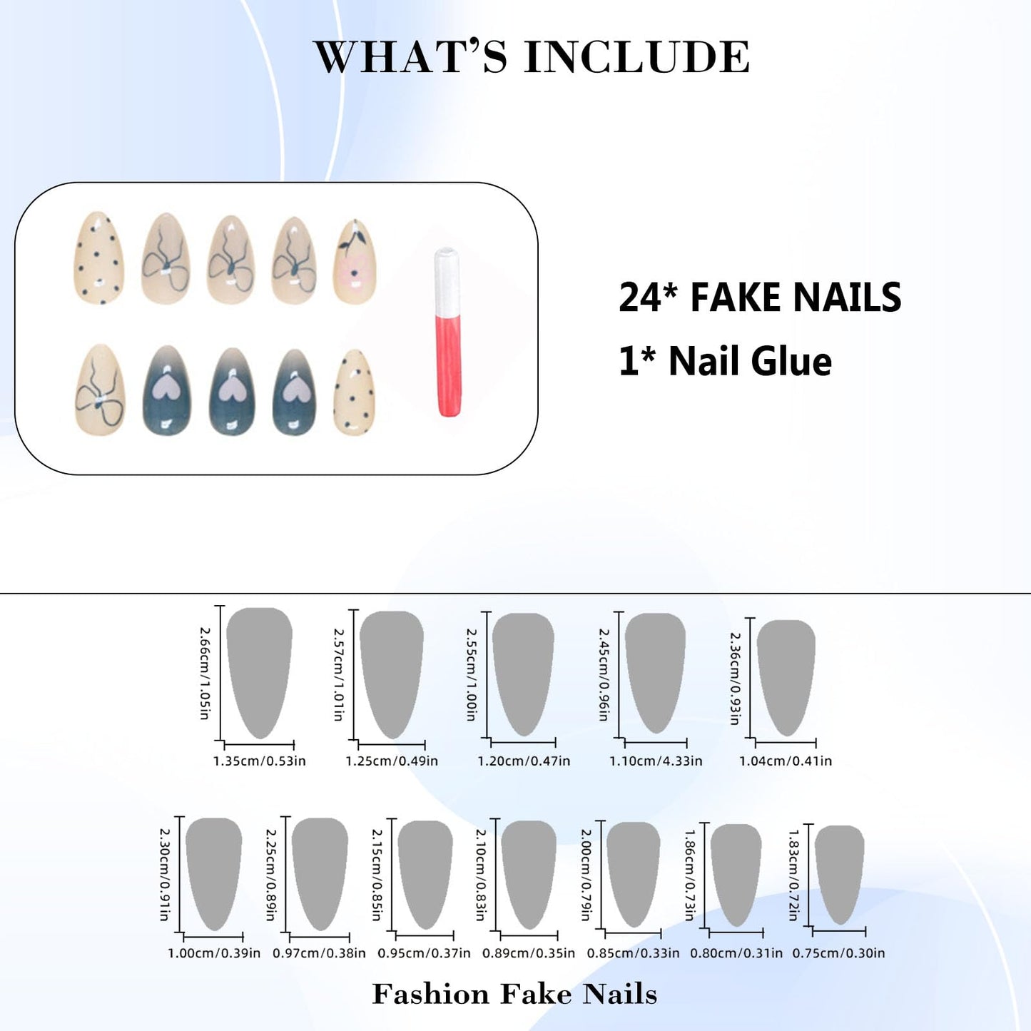 IMRAIN Press on Nails Almond Medium Fake Nails Blue Bow White Glossy Artificial False Nails Gel Manicure Stick on Nails for Women 24Pcs