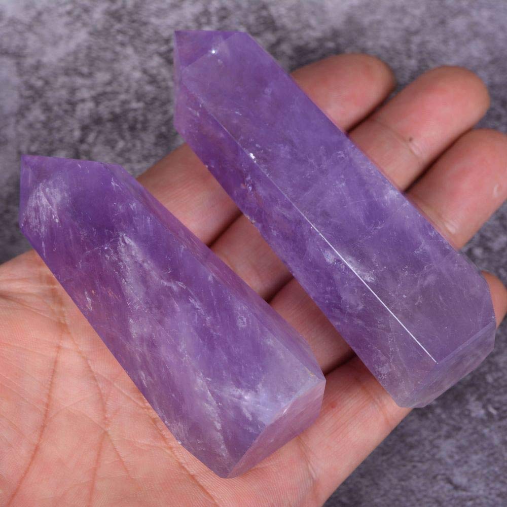 Angelstones Natural Amethyst Gemstone Healing Crystal Hexagonal Pointed Reiki Chakra Faceted Prism Wand Carved Stone Figurine Home Decor