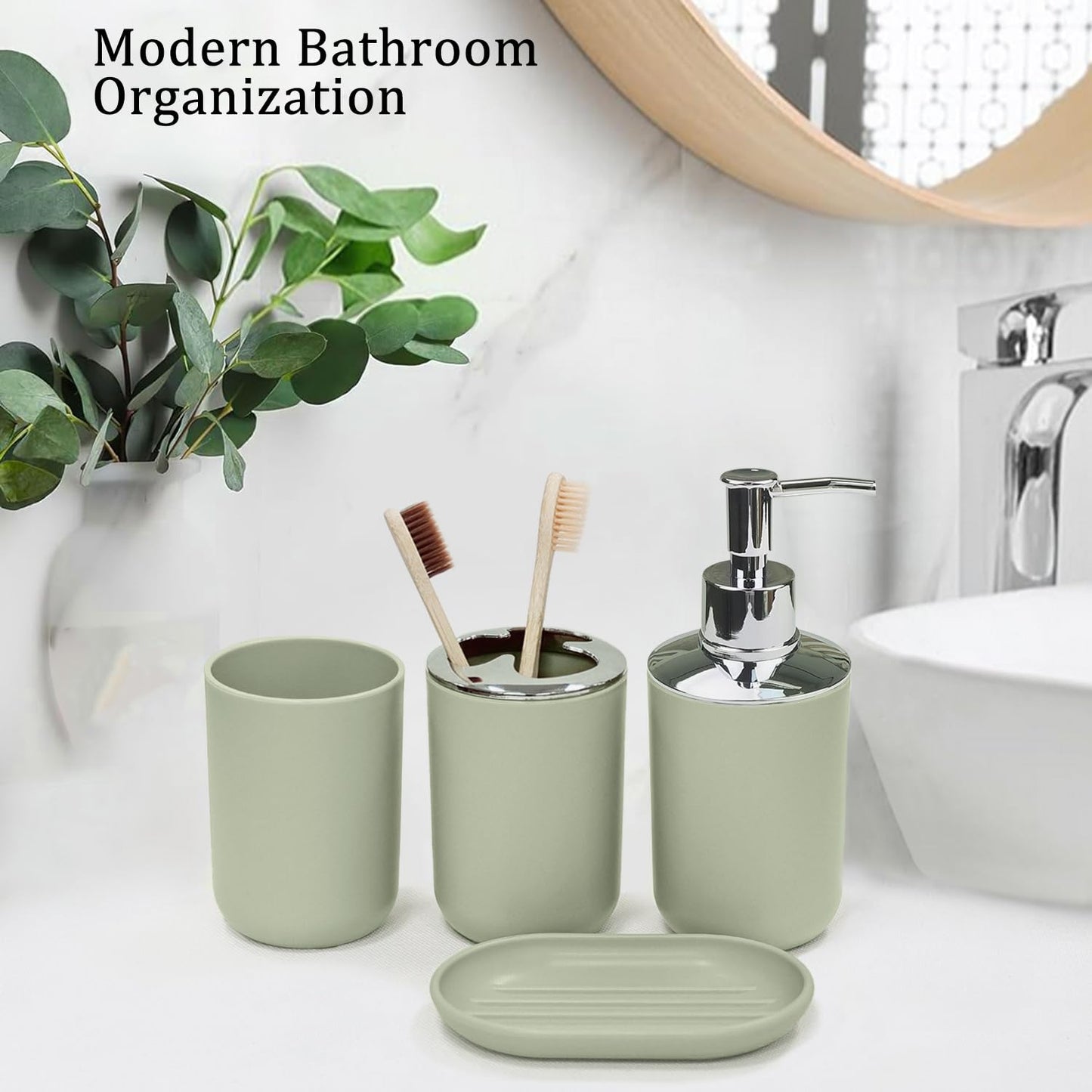 CERBIOR Bathroom Accessories Set 6 Piece Bath Ensemble Includes Soap Dispenser, Toothbrush Holder, Toothbrush Cup, Soap Dish for Decorative Countertop and Housewarming Gift (Green)