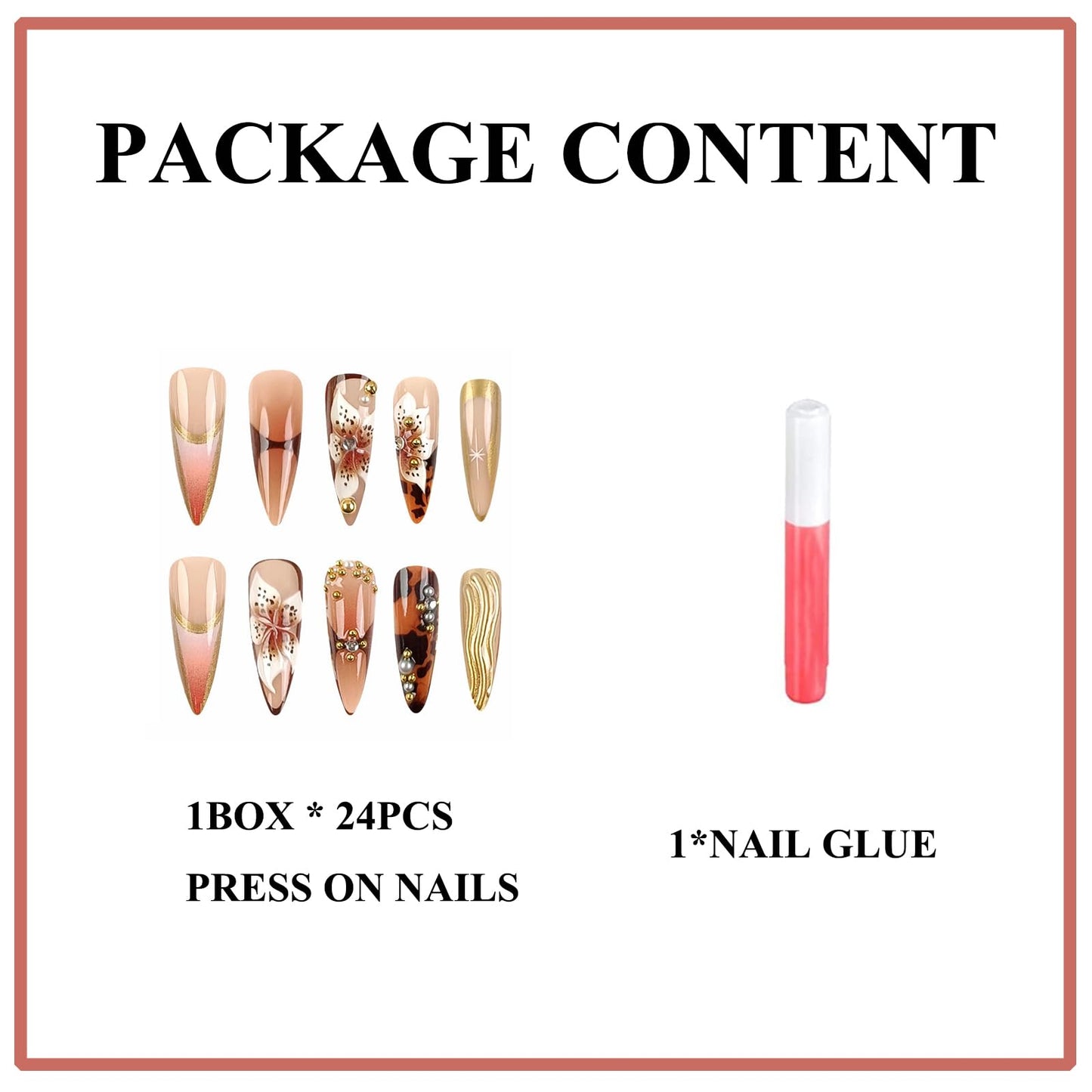 MERVF Long Stiletto Press on Nails Brown French Tip Fake Nails Almond Glue ons 3D Charms Flower, Leopard Design Acrylic Gold Manicure Glossy 24pcs