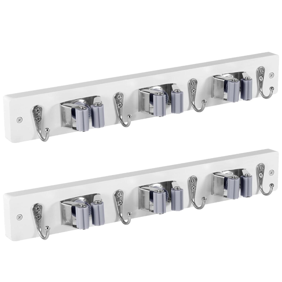 2 Pack White Mop Broom Holder Wall Mount with 3 Slots & 4 Hooks (2 Count)