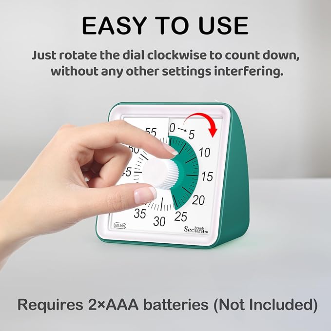 Secura 60 Minute Essential Visual Timer for Kids, Countdown Clock Timer for Special Education, Classroom, School, Desk, Home, Office, Silent Non-Ticking Time Management Tool (Dark Green & Dark Green)