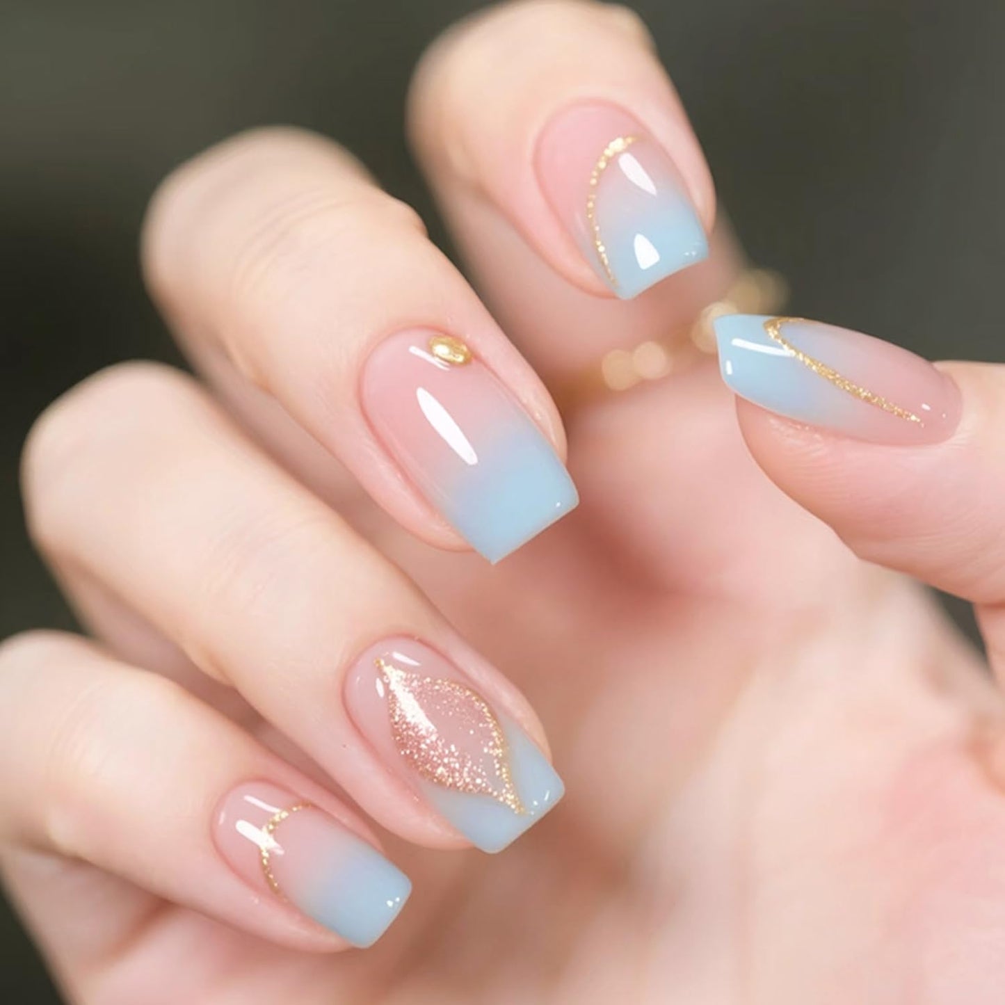 Blue Gradient Press on Nails with Gold Glitter Fake Nails Medium Square Acrylic Glue on Nail Glossy Full Cover False Stick on Nail for Women DIY Artificial Manicure
