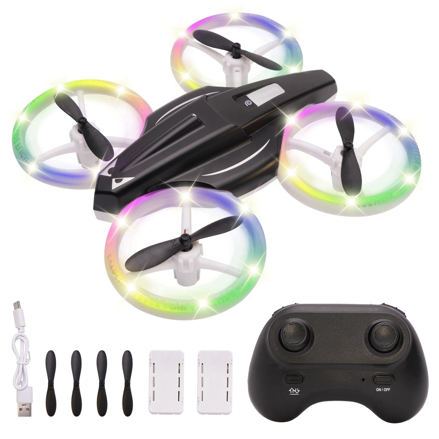 Mini Drone Toy For Children, Remote-Controlled Drone, Quadcopter With Altitude Hold And Headless Mode, All-Around Propeller Protection. Led Lights, 3 Speed Modes, Gift For Boys And Girls (Black).