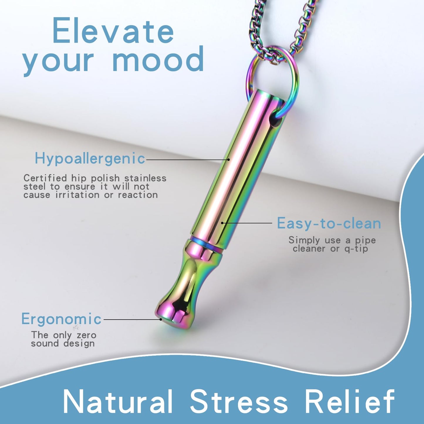 Mindfulness Breathing Necklace Stress Relief Pendant Stainless Steel Anxiety Breathe Necklace for Women Men (Rotundity, Rainbow)