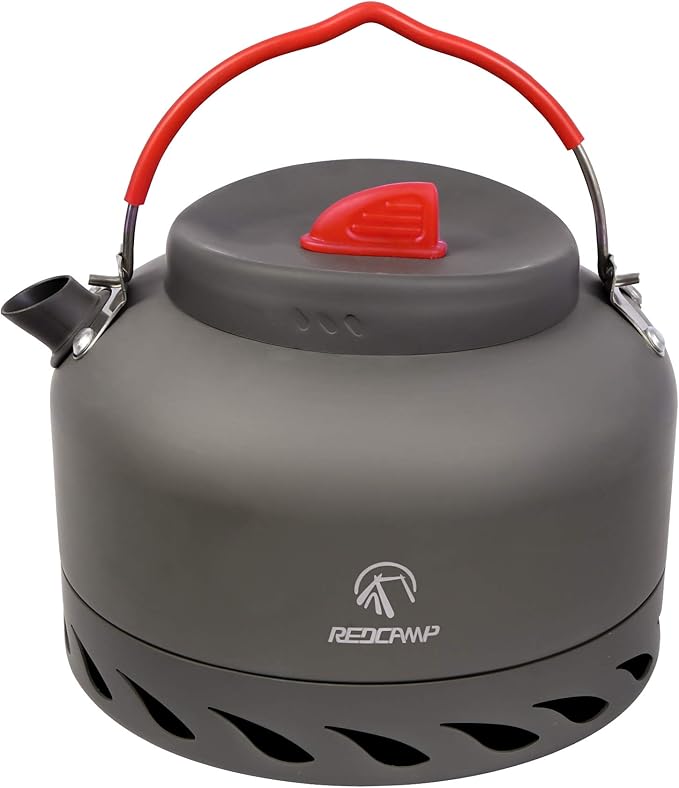 REDCAMP Outdoor Camping Kettle with Heat Exchanger, Compact Lightweight Coffee Pot,Aluminum Camp Tea Kettle with Carrying Bag 1.4L