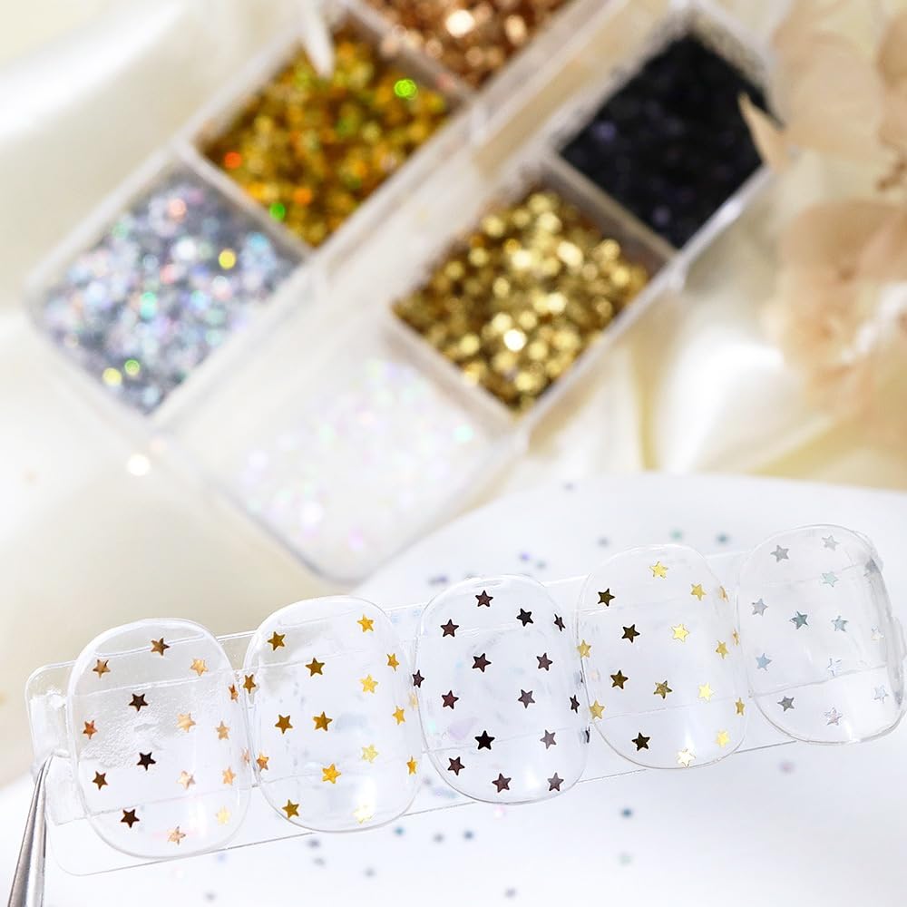 1 Box 6 Color Holographic Tiny Star Nail Glitter Laser Gold Nail Sequins 3D Laser Silver Nail Flakes Sparkly Glitter Flakes Shiny Nail Glitter Champagne Nail Sequins Glitter for Nails Art 6 Grids