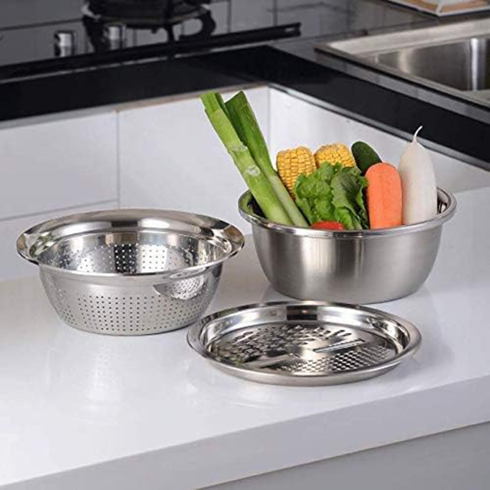 Germany Multifunctional Stainless Steel Basin,Multifunction Stainless Steel Basin with Grater 3 in 1 Vegetable Cutter for Kitchen, Vegetable Slicer Grater Strainer and Drain Basket(10.2)