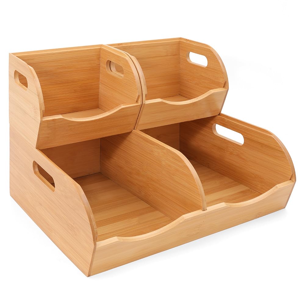 Stackable Bamboo Pantry Organizer - 3-Piece Storage Basket Set for Potato, Onion & Kitchen Cabinet, Tool-Free Assembly, Multi-Size Bins