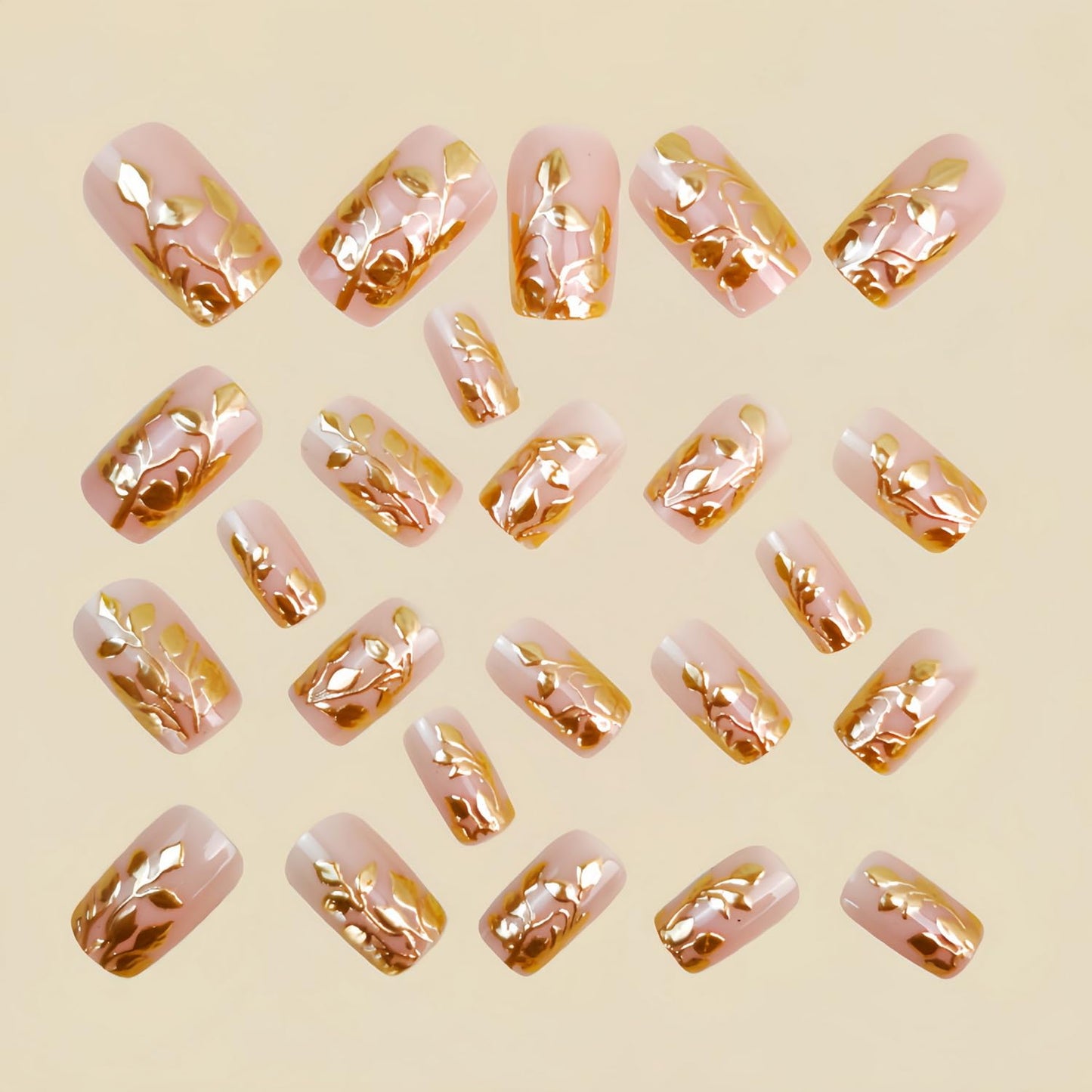 24pcs Medium Press on Nail Square Fake Nails with Gold designs 3D Leaf Pattern Stick on Nail Full Cover Luxury Press ones Acrylic False Nails Reusable Glue on Nails for Women Manicure Accessories