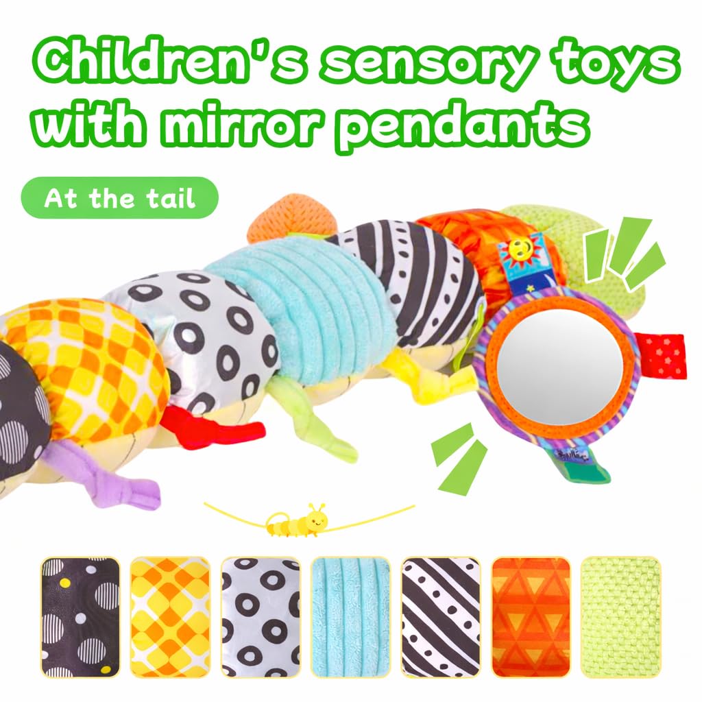 SRICH Baby Musical Plush Caterpillar Toy - 0-12 Months Tummy Time & Head Lifting Soft Sensory Toy, Rattle, Rustling Sounds & Mirror for Boys & Girls