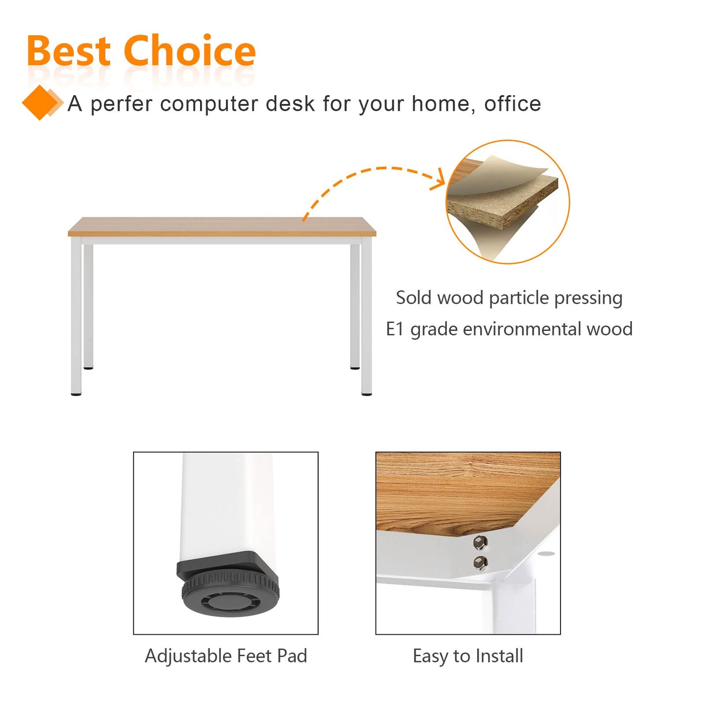 Need Computer Desk, 47 inch Home Office Desk, Modern Simple Style Home Office Gaming Desk, Basic Writing Table for Study Student, White Metal Frame, Teak Tabletop