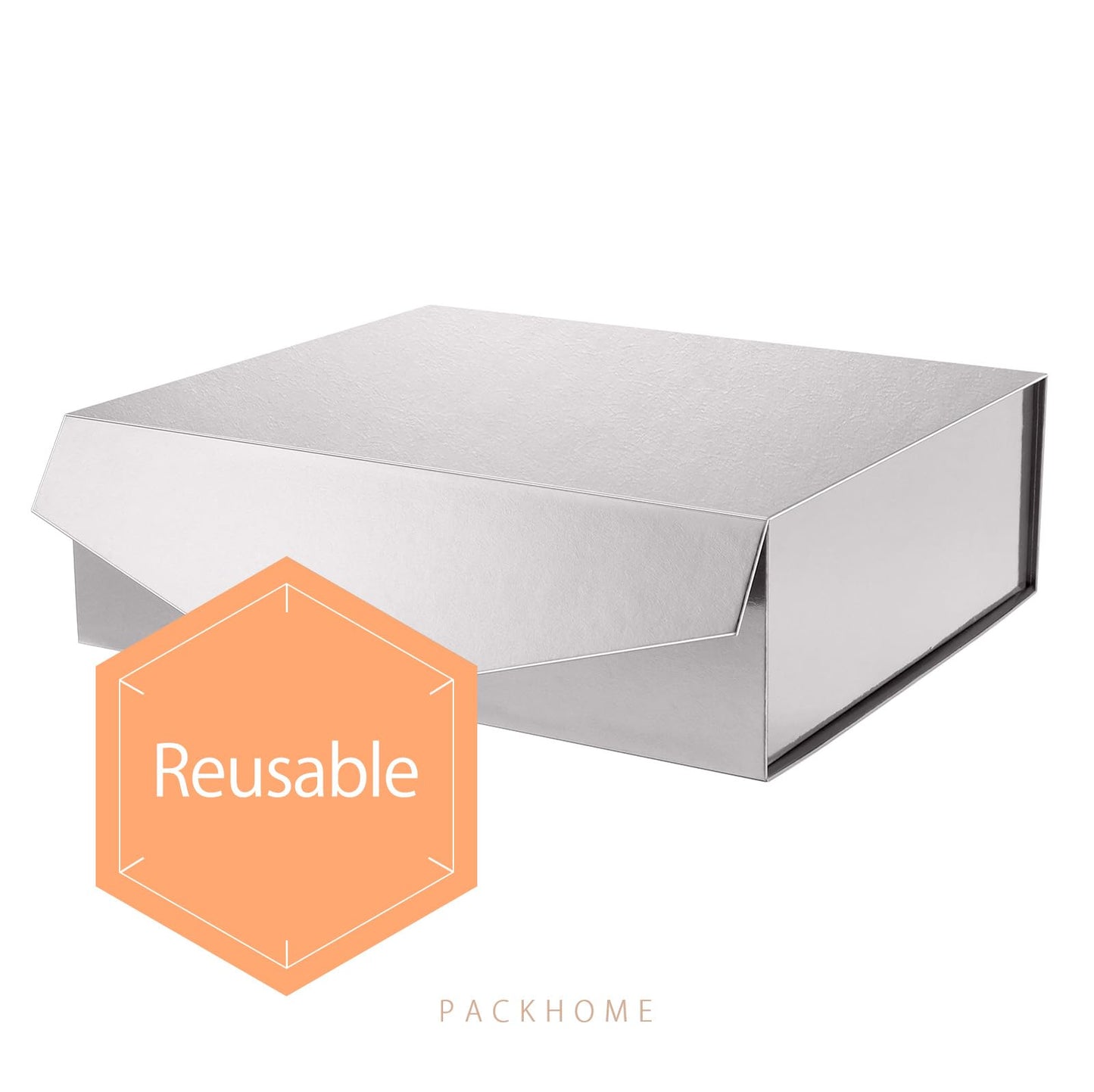 PACKHOME 17x14.5x5.5 Inches, Extra Large Gift Box with Lid, Magnetic Closure Box for Clothes and Large Gifts (Glossy Silver with Grass Texture)