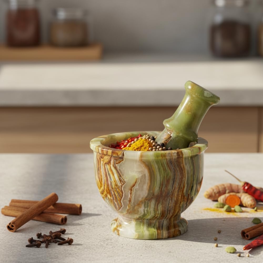 TheWolfard Mortar and Pestle Set – Large Stone Grinder with Polished Bowl & Non-Slip Base | Elegant Onyx Marble Kitchen Tool for Spices, Herbs & Guacamole