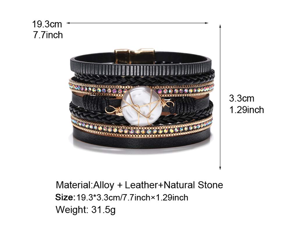 Fesciory Leopard Bracelet for Women, Boho Leather Wrap Multi-Layer Pearl Crystal Bracelet Bangle Jewelry(Round Pearl(Black))